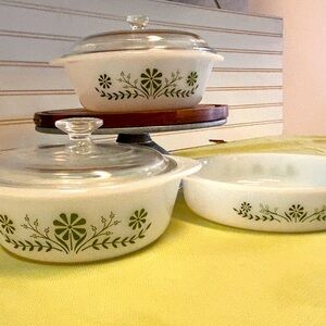 vintage Glasbak set of two casseroles and one pie pan
